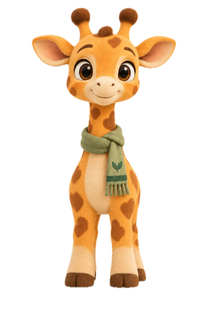 Alturo, uma girafa filhote de lencinho verde, sorrindo.