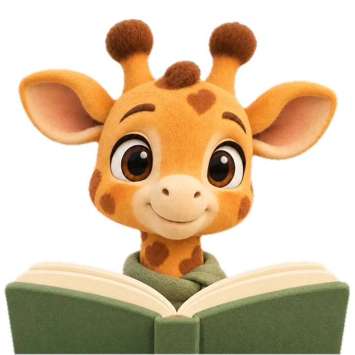 Alturo, a girafa, lendo um livro aberto.
